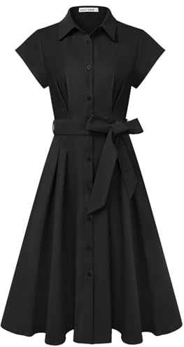 Grace Karin Dam sommar kortärmad reverskrage knappar taljegördel klänning elegant A-linje midi blusklänning med fickor, svart, L