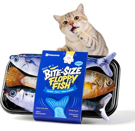 Potaroma Katzenspielzeug, elektrisches flatterndes Fisch-Spielzeug 3er-Set | Interaktives Wiederaufladbar mit Katzenminze & 3 Flattermodi, 18 cm, Stabiler Plüsch, Automatische Bewegungsaktivierung