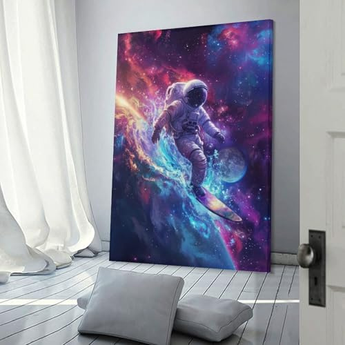 POLIUAWS Astronaut surft im Weltraum – Kunstwerk für die Wandgestaltung im Jugendzimmer, Jungenzimmer, Wanddekoration, 40 x 60 cm (16 x 24 Zoll)