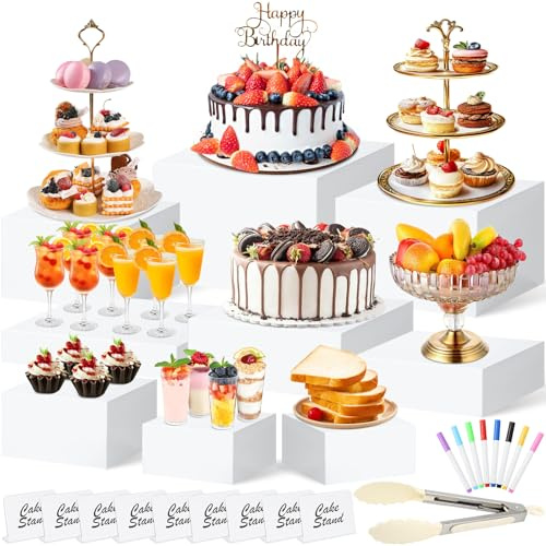 LifeisLuck 9 PCS White Buffet Risers and Stands | Food Display Risers for Buffet Table | Acrylic Stands with Signs and Markers | Cube Boxes for party, birthday, wedding, Catering, Collection | Size 10’’-9’’-8’’-7’’-6’’-5’’