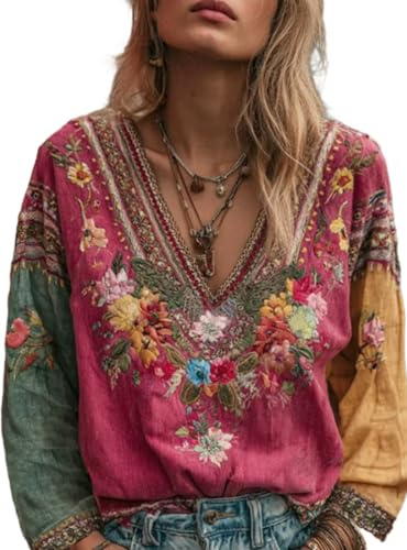 Blusa Bohemia De Cuello En V para Mujer Bordado Floral Retro De Manga Larga De Manga Larga Estilo Étnico y Camisa Informal Holgada S