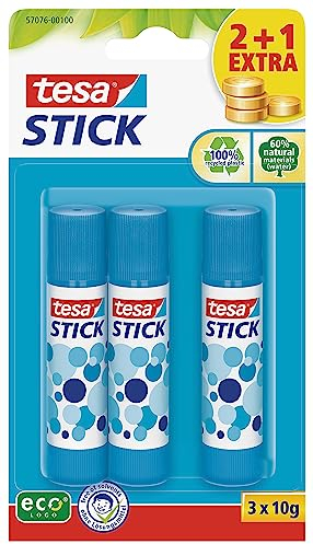 tesa Stick ecoLogo - Geruchsneutraler Klebestift für Papier und Pappe - Lösungsmittelfrei und Umweltschonend - 3 x 10 g