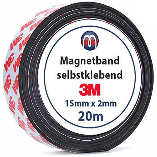 Magnosphere Bande magnétique autocollante 3M - Ruban aimanté adhésif - 2,0mm x 15mm x 20m - Rouleau - Rubans Magnétiques adhésif 3M / Bande Aimantée adhésive - pour des Solutions de Fixation Flexible