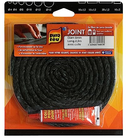 Pyro feu - Joint Noir en Fibre de Verre - Diamètre 8, 2m50 - Résiste à 500°C - Fabrication Française - Tube de Colle 17ml Inclus