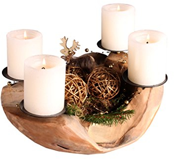 Ambientehome Schale Dino, Ø ca. 20 - 25 cm mit 4 Kerzenpicks, aus Teakholz, echte Handarbeit