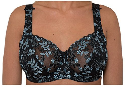 Gemm Ladies Black Turquoise Embroidered Large Bosom Lace Underwired Firm Bra Plus Size Cup (38 G)