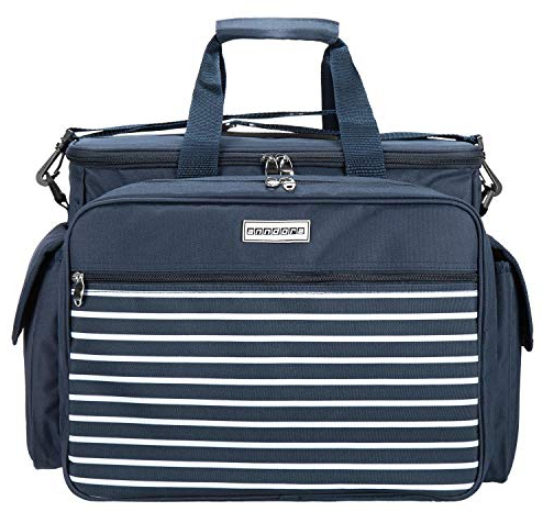 anndora Picknicktasche Kühltasche mit 32 Teile Zubehör für 4 Personen - Navy blau weiß gestreift