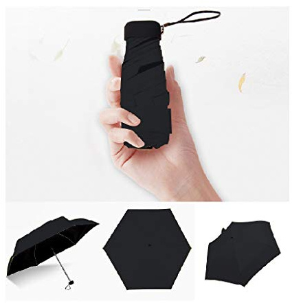 Xianbao Small Mini Portable 5-Folding Slim Pocket Flat Umbrella, Travel Mini Umbrella, Sun Rain - Compact Portable Lightweight Small and Compact for Pocket (Black)