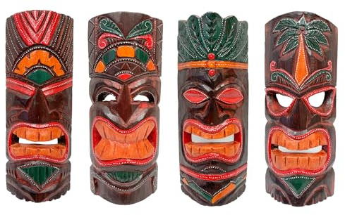 My Family House Tiki Mask Wall Hanging Hand Carved Albesia Wood Decoration Multicoloured Assorted Designs- 30 cm