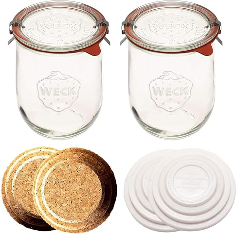 WECK - Sour Dough Starter Jars - Classic Glass Jars for Sourdough with Glass Lid - Tulip Jar with Wide Mouth 1 Liter Includes Cork Lid & Keep Fresh Cover (2 Pack)