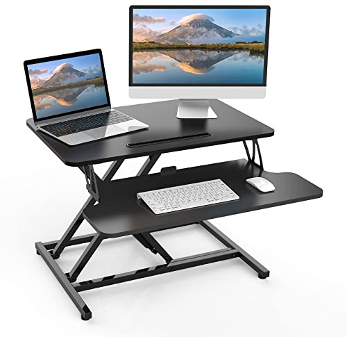 ERGOMAKER Steh-Sitz Schreibtischaufsatz Höhenverstellbar, Stehpult Aufsatz Schreibtisch 64 X 40CM Desktop Erhöhung mit Tastaturablage Schwarz
