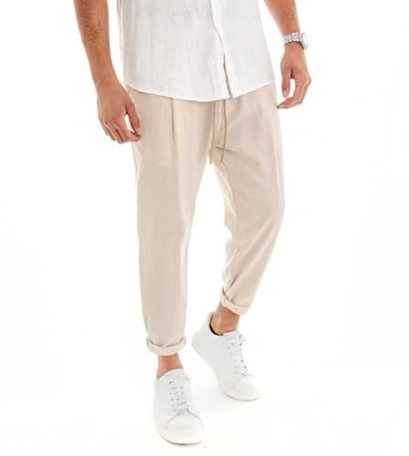 Giosal Pantalone Uomo Elastico Lino Tinta Unita Cavallo Basso Casual Vari Colori (Beige, M)