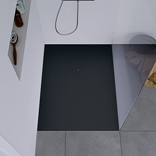 DURAVIT Duschtasse 100x90 cm, Flache Bauhöhe, Duschwanne DuraBayas in Dunkelgrau Matt aus Mineralguss mit integriertem Ablaufdeckel, Duschbecken mit Gefälle