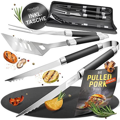Rawford Grillbesteck Set - 3-teiliges Grill Set aus Edelstahl - rutschfest - Grillkoffer mit Grillzange, Fleischgabel & Wender inkl. Flaschenöffner - Grillset für Männer Geschenk