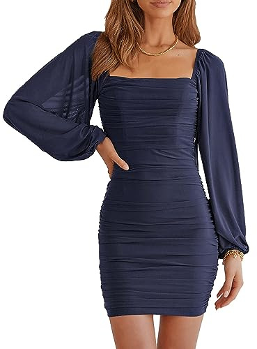 MASCOMODA Women Elegant Square Neck Lantern Long Sleeve Mini Ruched Bodycon Dress Stretch Mesh Slim Party Cocktail Dresses(X-Small,Navy)