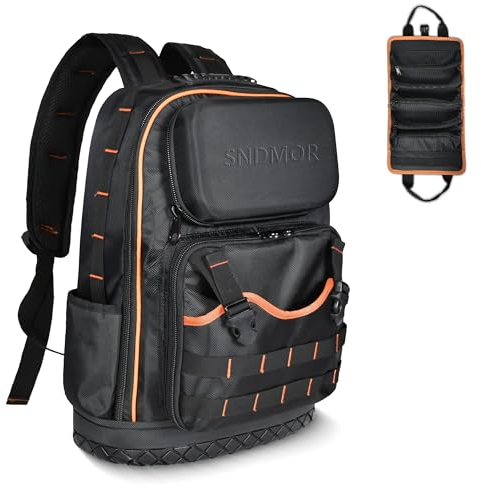 SNDMOR Werkzeug Rucksack Herren, 53 Taschen Werkzeugrucksack Leer, Werkzeugrucksack Elektriker mit Wasserdicht Verstärktem Gummiboden, Abnehmbare Werkzeugrolle (Schwarz & Orange)