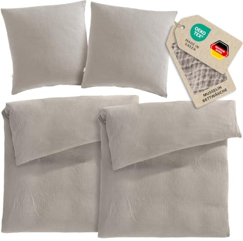 Pure Label Musselin Bettwäsche 135x200 4 teilig bestehend aus Bettbezug 135 x 200 cm 2er Set + Kissenbezug 80x80 cm 2er Set aus Baumwolle - Traumhaft kuschelige Bettwäsche-Sets in Taupe