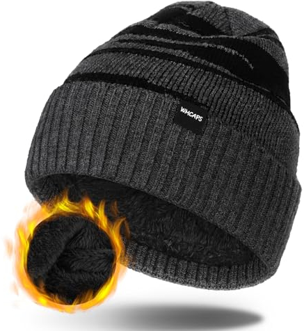 Wmcaps Wintermütze Herren, Thermo Winter Beanie Mütze Herren und Damen, Weiche Wollmütze mit Bündchen, Gestreifte Strickmütze Warme Stretchy Plüsch Ski Mütze Männer(Dunkelgrau)