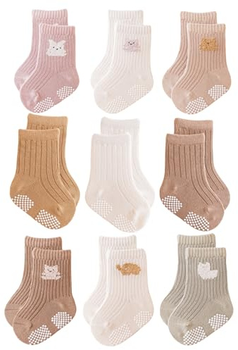 J Poqobog Baby Crew Socks,Grips Combed Cotton Socks Toddler Non-Skid for Girls,Boys Non Slip/Anti Skid 9-Pack (12-24 Months, Girls - 9 Pairs) | Kammad bomull, halkfri, 9-pack, spädbarn, storlekar finns tillgängliga för 3-12 månader, 12-24 månader, 2-3T och 3-5T.