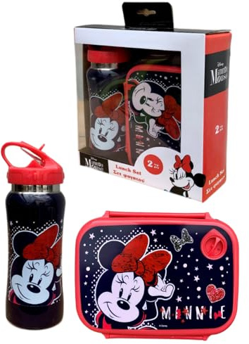 CARTOON Disney Minnie Mouse - Juego de 2 fiambreras de aluminio para niñas, botella y fiambrera con boquilla plegable, 800 ml, 500 ml