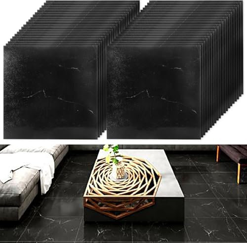 YAYODS 40 Pack Self Adhesive Floor Tile Vinyl Flooring, 30x30cm Black Marble Effect Flooring Stickers, Waterproof Peel and Stick Floor Tile for Kitchen Bathroom Living Room and Floor Planks