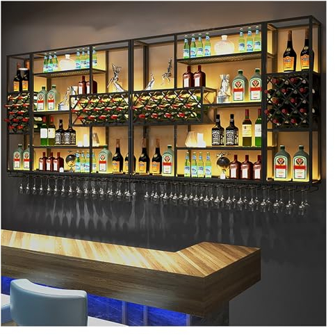 AKOGG Botellero Pared con Luz LED,Botellero Vino De Hierro,Bar Estante para Vinos,Estantería Colgante De Pared para Whisky,Estilo Industrial Botellero Vino para Cocina,Bodega,Comedor,Vinoteca,Negro