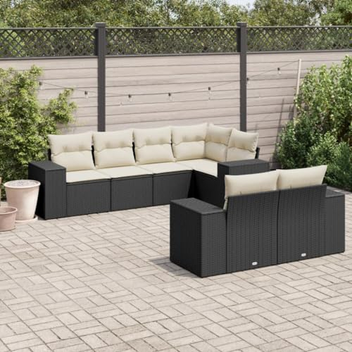Rantry 7-TLG. Garten Sofagarnitur mit Kissen Gartensofa mit Stauraum Gartenlounge Gartenmöbel Loungesofa Balkonmöbel Rattansofa Ecksofa Loungemöbel Sitzgruppe Gartenset Schwarz Poly Rattan