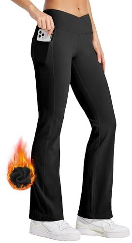 Willit - Pantaloni termici da donna in pile, impermeabili, con fodera in pile, leggings a sbuffo, crossover, invernali, per yoga, con tasche, Nero , XL