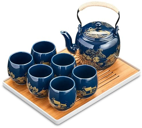Xnqelerate Chinesische Teeservice aus Keramik, Japanisches Teeservice, Asiatische Teekanne für Teeliebhaber, 820 ML Porzellan Teekanne mit Sieb und 6 Teetassen, Blau Tee Set