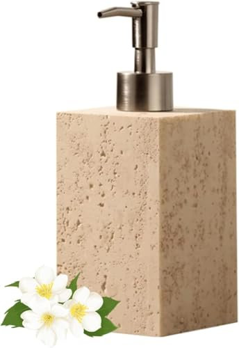 Nachfüllbarer Stein-Seifenspender mit silberner Pumpe – beiges Sandstein-Material – Flüssigseifen-/Shampoo-Flaschen für Badezimmer und Küche, quadratisch