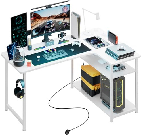 COMHOMA L Shaped Gaming Desk 110x80CM with Power Outlets Corner Computer Desk with Shelves Headphone Hook PC Table Workstation for Home Office Bedroom (White, 110CM)