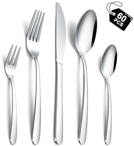 Hunnycook Besteck Set 12 personen, 60 Stück Edelstahl Besteckset, Elegantes Besteckset mit Gabeln, Löffel und Tafelmesser, geeignet für Haushalt/Restaurant/Party, Spülmaschinenfest