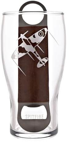 Ensemble de verres à bière et décapsuleur sous licence officielle Royal Air Force RAF – Spitfire – Verre à bière gravé graphique pour bar, cuisine et salle à manger pour homme, histoire et aviation
