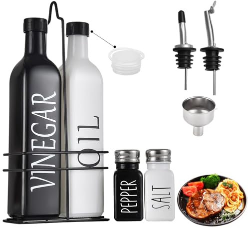 Agrdeed Juego de botellas de cristal dispensador de aceite y vinagre, 500 ml, dos botellas de aceite de oliva con embudo, tapa antideslustre, etiqueta, soporte para Caddy y boquilla de acero