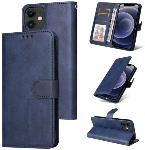 E-Lush Coque pour iPhone 12/12 Pro Cuir PU, Portefeuille Etui pour iPhone 12 Pro Coque Magnétique Flip Case avec Fonction Support Fente Carte Housse 360 Degrés Antichoc Protection, Bleu