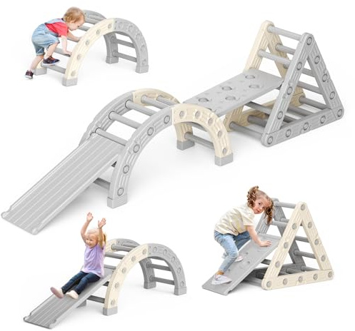 Montessori - Set di impalcature da arrampicata per interni, con struttura triangolare, semicerchio, scivolo in plastica, per bambini (PJ004-arancione)