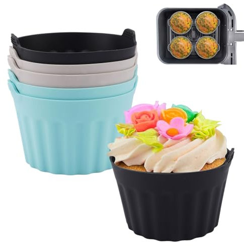 6 Pezzi Pirottini per Friggitrice ad Aria, Pirottini Silicone Senza BPA, Stampo per Uova in Silicone Antiaderente, Riutilizzabile Stampi per Muffin per Cupcake, Budini, Gelatina (Grigio + Blu + Nero)