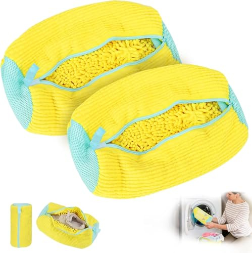 FoiiLiio 2Pcs Schuhwaschbeutel Waschmaschine, Schuhbeutel Waschmaschine, Wiederverwendbar Schuhe Waschbeutel mit Reißverschluss, Wäschesack Schuhe 360° Tiefenreinigung für Tennisschuhe, Sneaker (Gelb)
