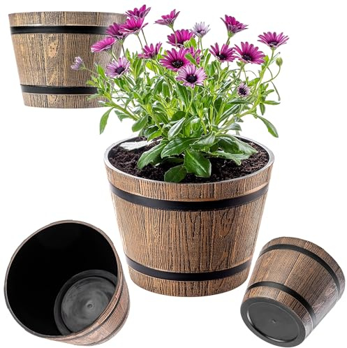 KADAX Växtkruka i träfatsdesign, Ø 23 cm, i väderbeständig plast, för trädgård, terrass och balkong, dekorativ blomkruka, mockabrun, damm med vattenhink