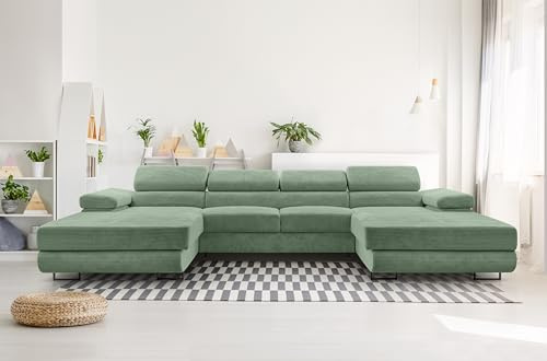 AXLIVING Sofa U Form mit Schlaffunktion – Arborio U 352 cm in Salbeigrün