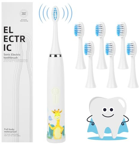 Vicloon Spazzolino Elettrico, Spazzolino Bambini con 6Pezzi Testina Dello Spazzolino da Denti Spazzolino Elettrico Testine Sistema di Vibrazione Morbido e Comodo Manico Spazzolini da Denti Elettrici C