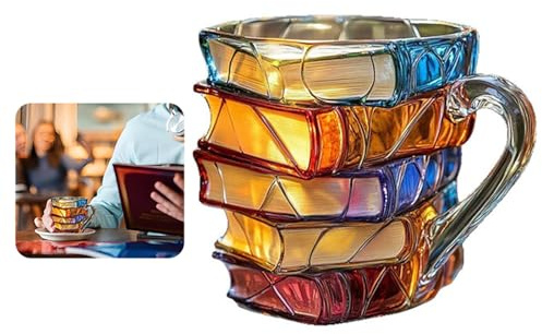 Tazza di vetro con libro dipinto 2026 Nuova tazza da caffè impilabile 3D da 325 ml, tazza da caffè in vetro colorato unica, fatta a mano, per amanti dei libri, bibliotecari, donne, regalo per club