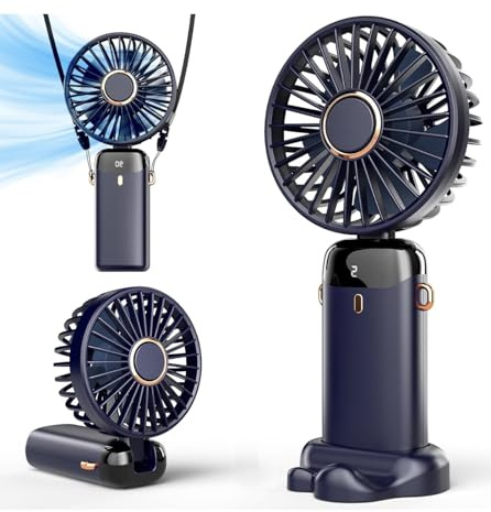 Handheld Fan Portable Fan, Hand Fan with LED Display and 5 Speeds USB Rechargeable Fan, Mini Fan for Ideal for Travel, Bedroom, Office and Outdoor, Small Fan Easy to Carry in Hand Bags (Blue)