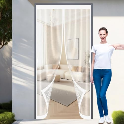 Magnetic Bug Mesh Door 75 x 170 cm Anti Mosquito, Keep Fresh Air in, Portable, Foldable, Custom Sizes, Side Opening Fly Screens for Double Door/French Doors, White