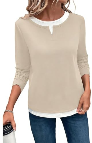 ROFUSSO Camiseta de Cuello Redondo y Manga Larga para Mujer Sudadera Básica de Otoño Top Informal de Manga Larga y Tejido Suave(Albaricoque,M)