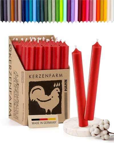 Stabkerzen 10 Stück, 18cm x 2,2cm, Premium Qualität - Deutsche Manufaktur, Kerzenfarm Hahn - lange Brenndauer (8+ Stunden) RAL-Zertifiziert, durchgefärbte Spitzkerzen (Rot)