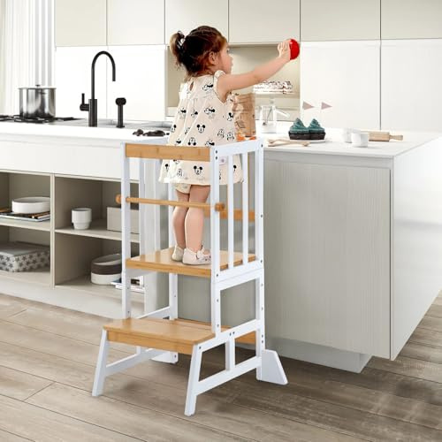 COSYLAND Marchepied réglable en Hauteur pour Enfants – Tabouret en Bambou Massif pour comptoir de Cuisine, Compact et Robuste (Bois et Blanc)
