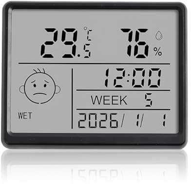 Colexy Digitaler Wecker, Kleine LCD Display mit Datum, Wochentag, Temperatur & Luftfeuchtigkeit, 12/24 Std. & ℃/℉, Magnetisch, Batteriebetriebener Tischwecker für Zuhause Büro Schule Reisen (Schwarz)