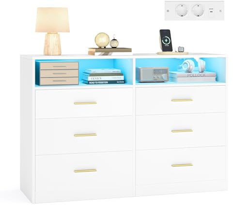 VASAGLE CUSTOS Collezione - Cassettiera Camera da Letto, con LED e Presa Multipla, Moderno, Mobile TV per Soggiorno, 6 Cassetti, 40 x 119 x 81,2 cm, Bianco Opaco LTS316WB01