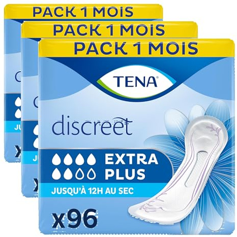 TENA Discreet Extra Plus - Serviettes Incontinence Femme - Post-accouchement - Protections Absorbantes pour Fuites Urinaires Modérées à Fortes - 96 Serviettes (Pack 1 Mois) (Lot de 3)